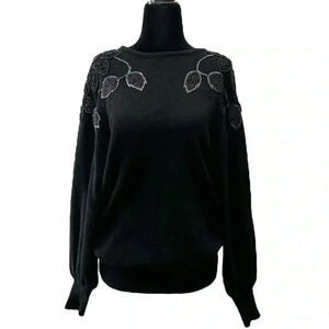 Vintage Angora Lambswool Sweater Pullover Beaded Appliqué Black Size Medium